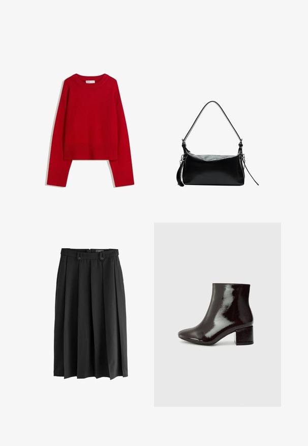 Roter Pullover mit Rundhalsausschnitt, langen Ärmeln und gerippten Bündchen und Saum. Aus weichem, strukturiertem Stoff gefertigt. Kürzeres Design.; Schwarzer, plissierter Rock aus glattem Stoff mit hoher Taille, zwei vorderen Knöpfen und einer fließenden Silhouette.; Schwarze Lackleder-Stiefeletten mit spitzer Zehe und einem klobigen Absatz. Glatte Textur mit einem dezenten Glanz und klaren Linien, minimalistisches Design.; Schwarze Ledertasche mit einem gewölbten Schultergurt, glatter Textur, rechteckiger Form, Reißverschluss und Akzenten aus silbernem Metall.