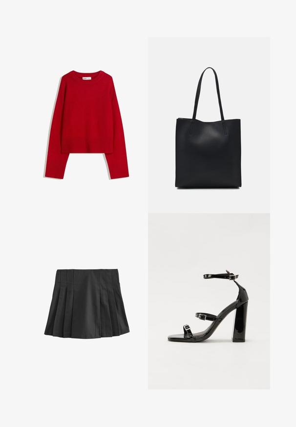 Pull rouge avec encolure ras du cou, manches longues, et poignets et ourlet côtelés. Fabriqué en tissu doux et texturé. Design court.; Jupe mini plissée noire avec une ceinture élastique. Fabriquée en tissu lisse, avec plusieurs plis verticaux pour ajouter texture et design.; Sandales à talons vernies noires avec un bout carré, des sangles autour de la cheville et des boucles en argent. Dotées d'un talon bloc épais pour plus de stabilité.; Sac fourre-tout en cuir noir avec une texture lisse, de forme rectangulaire et deux longues poignées. Pas de matériel ou d'ornementations visibles.