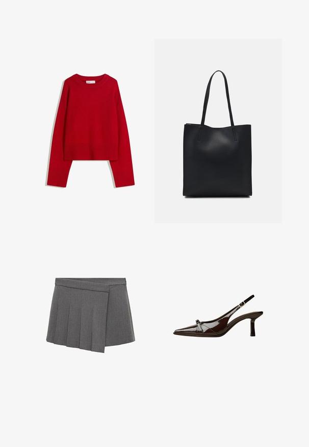 Rode trui met een ronde halslijn, lange mouwen en ribgebreide manchetten en zoom. Gemaakt van zachte, gestructureerde stof. Verkorte ontwerp.; Mango BRIT - Shorts - grey; Bruine gepatineerde leren slingback schoen met een spitse neus, lage hak en een decoratieve strikaccent aan de voorkant. Glad, glanzend oppervlak.; Zwarte leren handtas met een gladde textuur, rechthoekige vorm en twee lange handvaten. Geen zichtbare hardware of versieringen.