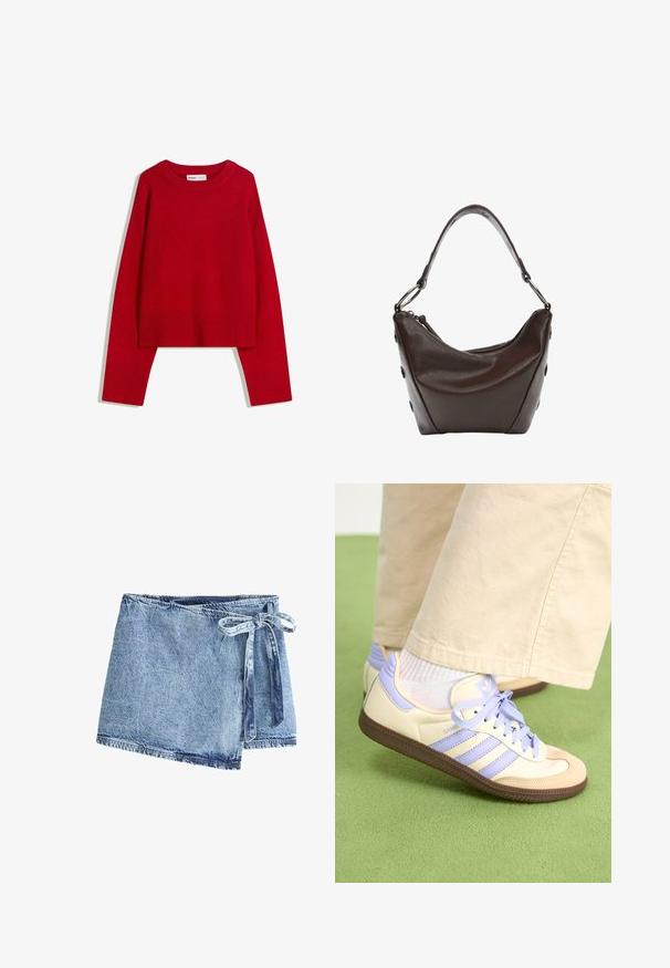 Rød sweater med rund hals, lange ærmer og ribbede manchetter og kant. Fremstillet af blødt, struktureret stof. Kort design.; Denim omslagsskjørt i lyseblå, med en bindefunktion. Stoffet har en tekstureret overflade og et råt kant med kontrasterende syninger.; Creme og lavendel sneakers med tre striber og en tekstureret brun sål, der har snørebånd og en polstret hæl. Blødt stof øvre.; Mørkebrunt læderhandbag med en kurvet form, lynlåslukning og et kort håndtag. Har metalhardware og dekorative sorte knapper på siden.