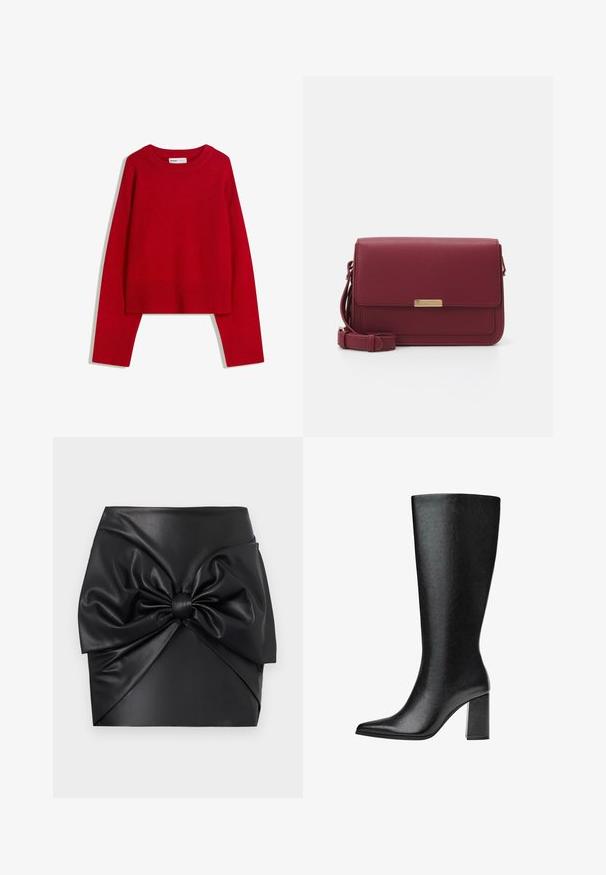 Rode trui met een ronde halslijn, lange mouwen en ribgebreide manchetten en zoom. Gemaakt van zachte, gestructureerde stof. Verkorte ontwerp.; Zwarte faux leren mini-rok met een grote strik aan de voorkant, een gladde textuur en een gestructureerd silhouet met plooidetails.; Zwarte laars tot de knie van faux leer met een spitse neus, een gladde textuur en een chunky blokhak. Minimalistisch ontwerp zonder zichtbare accenten.; Anna Field Schoudertas - bordeaux