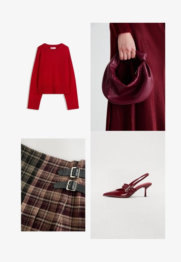 Maglione rosso con scollatura a girocollo, maniche lunghe e polsini e bordo a coste. Realizzato in tessuto morbido e texturizzato. Design corto.; Gonna in stile kilt in tessuto a quadri con tonalità di nero, beige e bordeaux. Include due cinture in pelle nera con fibbie argentate.; Décolleté slingback in vernice rossa con punta affusolata, due cinturini con fibbia e un sottile tacco a stiletto di media altezza. Texture liscia.; Borsa in pelle bordeaux con un design morbido e arricciato e una forma arrotondata. Il manico è fissato, mostrando una texture liscia.