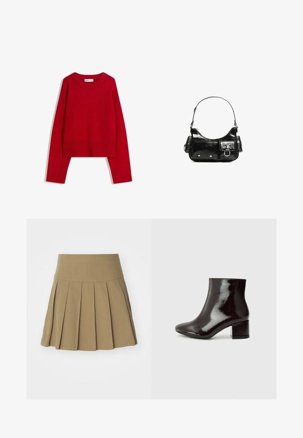 Pulover roșu cu guler rotund, mâneci lungi și manșete și margine ondulată. Fabricat dintr-un material moale, texturat. Design scurt.; Fustă plisată kaki cu un brâu ajustat, realizată dintr-un material neted, cu plisuri taie precise care îmbunătățesc aspectul său structurat.; Botine negre din piele lăcuită, cu vârful ascuțit și toc robust. Textură netedă cu un luciu subtil și linii curate, design minimalist.; Geantă de mână din piele lăcuită neagră, cu o formă curbată, un umăr, buzunare frontale și accente din metal argintiu.