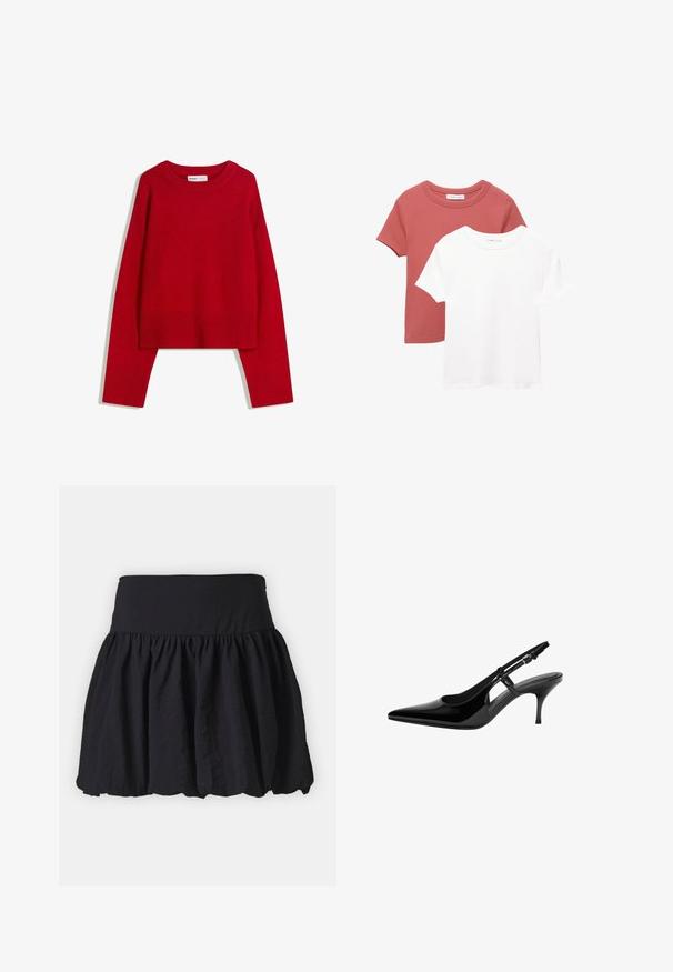 Piros pulóver kerek nyakkivágással, hosszú ujjal, bordás mandzsettával és hemel. Puha, textúrált anyagból készült. Rövidített fazon.; Két rövid ujjú póló; az egyik terrakotta színű, környakú, a másik pedig fehér. Mindkettő puha pamut anyagból készült.; Fekete, térd fölé érő szoknya széles, rugalmas derékkal; összegyűrt kialakítással a volumenért és sima, könnyű textúrával rendelkezik.; Fekete lakk bőr slingback magassarkú cipő, hegyes orral, nyitott oldalvágásokkal, karcsú sarokkal és állítható boka pánttal.