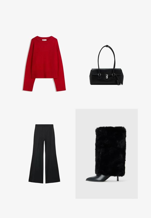 Maglione rosso con scollatura a girocollo, maniche lunghe e polsini e bordo a coste. Realizzato in tessuto morbido e texturizzato. Design corto.; Pantaloni neri a gamba larga con una texture liscia, caratterizzati da pieghe frontali e un design sartoriale. Il tessuto è leggero e fluido.; Stivaletto nero con punta a punta e tacco a stiletto, caratterizzato da un'asta in morbido pelo sintetico nero. Dettaglio in pelle liscia sulla punta.; Borsa a mano in pelle nera con una texture liscia, design strutturato, doppi manici e un dettaglio clasp in argento al centro.