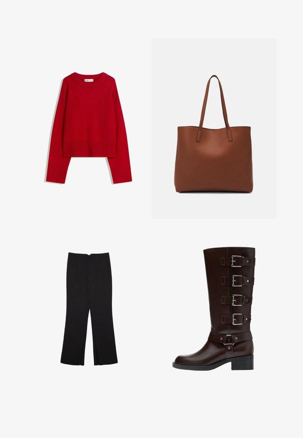 Röd tröja med rundhals, långa ärmar och ribbade muddar och fåll. Gjord av mjukt, texturerat tyg. Kort modell.; Svarta byxor med rak passform, utrustade med framfickor och sidoklyvningar vid fållen. Tillverkade av mjukt, slätt tyg. Lämpliga för olika tillfällen.; Mörkbrun läderknäskot med rund tå, fyra justerbara spännen och klack, med både släta och strukturerade ytor.; Brun läder tote-väska med en slät textur, öppen toppdesign och två axelremmar. Har minimal söm och ingen synlig metalldetalj.