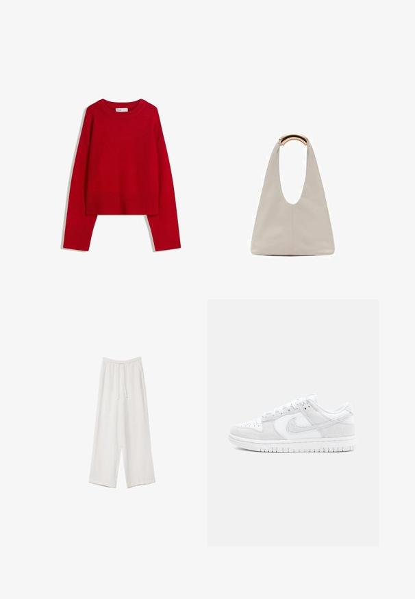 Czerwona sweter z okrągłym dekoltem, długimi rękawami oraz prążkowanymi mankietami i dolnym wykończeniem. Wykonany z miękkiego, teksturowanego materiału. Krótki krój.; Białe spodnie o szerokich nogawkach wykonane z lekkiego materiału. Posiadają elastyczny pas z sznurkiem i boczne kieszenie. Gładka tekstura.; Białe sneakersy Nike z mieszanki teksturowanej skóry i zamszu, z niskim krojem, okrągłym noskiem i wzorzystą gumową podeszwą.; Jasnoszara skórzana torba o kształcie litery U z zakrzywionym metalowym uchwytem. Gładka tekstura z minimalnymi szwami i bez widocznych wzorów.
