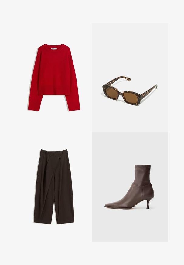 Czerwona sweter z okrągłym dekoltem, długimi rękawami oraz prążkowanymi mankietami i dolnym wykończeniem. Wykonany z miękkiego, teksturowanego materiału. Krótki krój.; Ciemnobrązowe szerokie spodnie o wysokim stanie, z pojedynczym zapięciem na guzik i plisowanym przodem. Wykonane z lekkiego materiału.; Brązowy skórzany botek do kostki z szpiczastym noskiem i smukłym, średniej wysokości obcasem na białym tle.; Okulary przeciwsłoneczne w kratkę z zaokrągloną, grubą oprawą i brązowymi soczewkami. Posiadają subtelne wzory oraz proste, zwężane zauszniki.; Czarna skórzana torba na ramię o gładkiej fakturze, zaokrąglonym kształcie i regulowanym uchwycie. Charakteryzuje się minimalnym przeszyciem i prostym designem.
