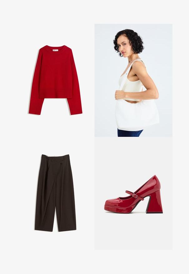 Röd tröja med rundhals, långa ärmar och ribbade muddar och fåll. Gjord av mjukt, texturerat tyg. Kort modell.; Mörkbruna vida byxor med hög midja, med en enkel knappstängning och plisserad front. Tillverkade av lätt tyg.; Röd lackläder Mary Jane högklackad sko med rund tå, plattform framtill, spännsrem och en skulpterad klack.; Vit axelväska i slätt material, med ett ovalt utskärning och bred bärremdesign. Enkel och modern utan synlig hårdvara.