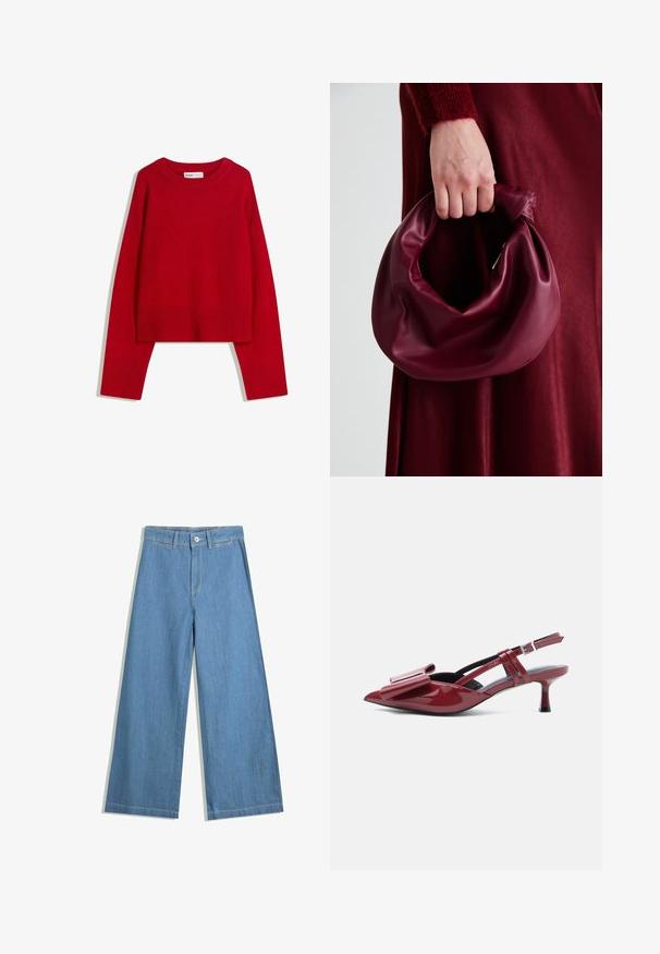 Piros pulóver kerek nyakkivágással, hosszú ujjal, bordás mandzsettával és hemel. Puha, textúrált anyagból készült. Rövidített fazon.; Világoskék, laza szárú farmernadrág, gombos záródással, övpántokkal és diszkrét varrási részletekkel.; Piros lakkbőr slingback kiscipő, hegyes orral és nagy masni díszítéssel a tetején, fehér háttér előtt.; Burgundi bőrtáska puhán ráncolt dizájnnal és kerek alakban. A fogantyú rögzítve van, sima textúrával rendelkezik.