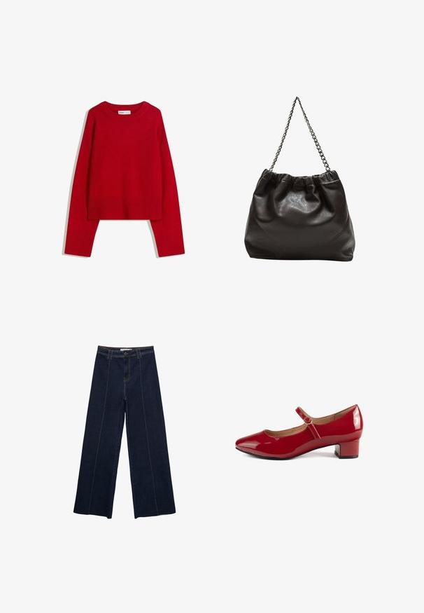 Rdeča pulover s krožno izrezom, dolgimi rokavi in rebrastimi manšetami ter robom. Narejen iz mehkega, teksturiranega materiala. Skrajšana zasnova.; Široke temno jeans hlače z kontrastnim šivanjem, visok pas in ravno krojenje. Imajo sprednje žepe in klasično zapiranje s gumbom.; Rdeče lakirane Mary Jane čevlje s zaobljenim nosom, nizkim blokastim petam in nastavljivim trakom z majhnim buckle detajlom.; Rjava usnjena torba z nabranim vrhom in verižnim trakom. Gladka tekstura z sijajno površino in subtilnimi šivi na straneh.