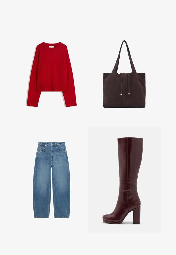 Pull rouge avec encolure ras du cou, manches longues, et poignets et ourlet côtelés. Fabriqué en tissu doux et texturé. Design court.; Jean bleu taille haute, large avec poches avant et fermeture à bouton, présenté à plat sur un fond blanc.; Anna Field Bottes à talons hauts - red; Mango Cabas - dark brown
