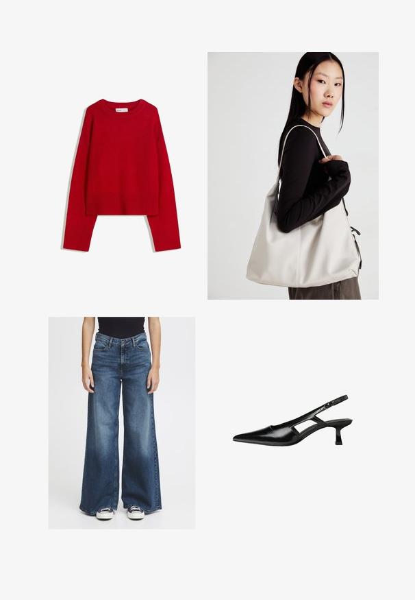 Crvena majica s okruglim izrezom, dugim rukavima i rebrastim rubovima i donjim dijelom. Izrađena od mekanog, teksturiranog materijala. Skraćeni dizajn.; Široke traperice od plave denima s izblijedjelim završetkom. Imaju klasičan dizajn s pet džepova, kopčanje na dugme i opušteni kroj u struku i bokovima.; Crne lakirane natikače na remenčić sa špicastim nosom, dizajnom sa izrezima sa strane i malim kvadratnim potplatom. Glatka tekstura s minimalnim akcentima.; Bežna torba od mekog materijala s opuštenim dizajnom, šivanim detaljima i dva remena za rame. Pogodna za svakodnevnu upotrebu.