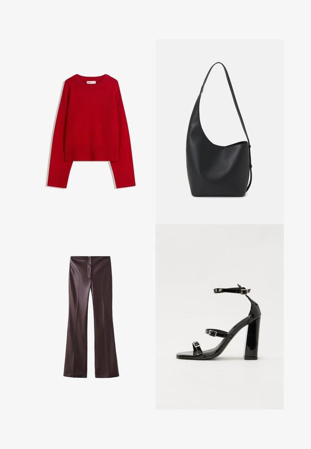 Rode trui met een ronde halslijn, lange mouwen en ribgebreide manchetten en zoom. Gemaakt van zachte, gestructureerde stof. Verkorte ontwerp.; Bruine flared pants van een gladde stof met een strakke afwerking. Bevat een rits aan de voorkant en een nette tailleband.; Zwarte gepatenteerde sandalen met hak en een vierkante neus, enkelbandjes en zilveren gespen. Heeft een stevige blokhak voor stabiliteit.; Zwarte leren hobo tas met een gladde textuur, kromme vorm en een enkele verstelbare schouderband; heeft een brede opening aan de bovenkant.