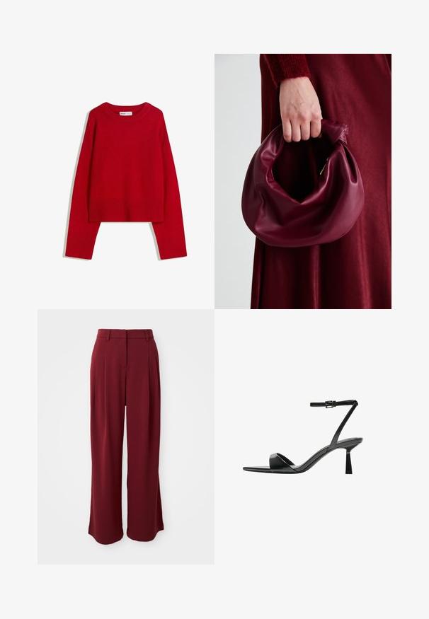 Červený sveter s okrúhlym výstrihom, dlhými rukávmi a rebrovanými manžetami a spodným okrajom. Vyrobený z mäkkej, textúrovanej látky. Krátky strih.; Bordové široké nohavice s skladmi, vyrobené z hladkej látky. Majú plochý pás a žiadne viditeľné vrecká.; Bershka Sandále na vysokom opätku - black; Burgundská kožená kabelka s mäkkým, zhromaždeným dizajnom a zaobleným tvarom. Rukoväť je pevne zaisťujúca a vystavuje hladkú textúru.