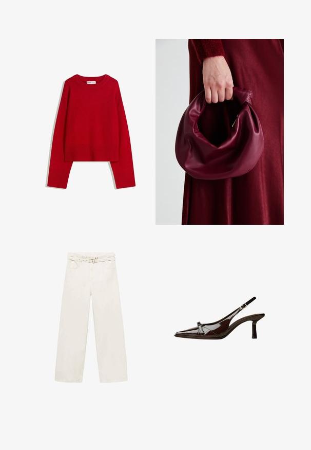 Crvena majica s okruglim izrezom, dugim rukavima i rebrastim rubovima i donjim dijelom. Izrađena od mekanog, teksturiranog materijala. Skraćeni dizajn.; Hlače širokih nogavica, krem boje, izdelane iz bombaža. Imajo pas s precejom, zadrgo in dva sprednja žepa. Gladko teksturo, minimalno šivanje.; Smeđe lakirane slingback cipele s upPointom, niskom petom i dekorativnom mašnom sprijeda. Glatka, sjajna tekstura.; Bordo kožni ruksač s mekim, naboranim dizajnom i zaobljenim oblikom. Ručka je sigurno pričvršćena, pokazujući glatku teksturu.