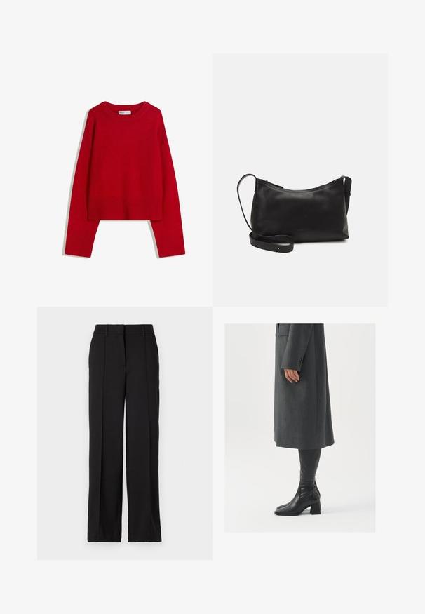 Červený svetr s kulatým výstřihem, dlouhými rukávy a žebrovanými manžetami a lemem. Vyrobeno z měkké, texturované tkaniny. Krátký střih.; Černé kalhoty se střihem rovného nohavice, s dvěma předními sklady, pasem a bez viditelných kapes či ozdob.; Šedý padnoucí kabát s rovnou siluetou; kombinovaný s černými koženými botami nad kolena s hranatou špičkou a masivním podpatkem.; Černá kožená taška přes rameno s hladkým povrchem, zakřiveným tvarem, nastavitelným popruhem a zipovým uzávěrem. Minimalistický design bez zdobení.