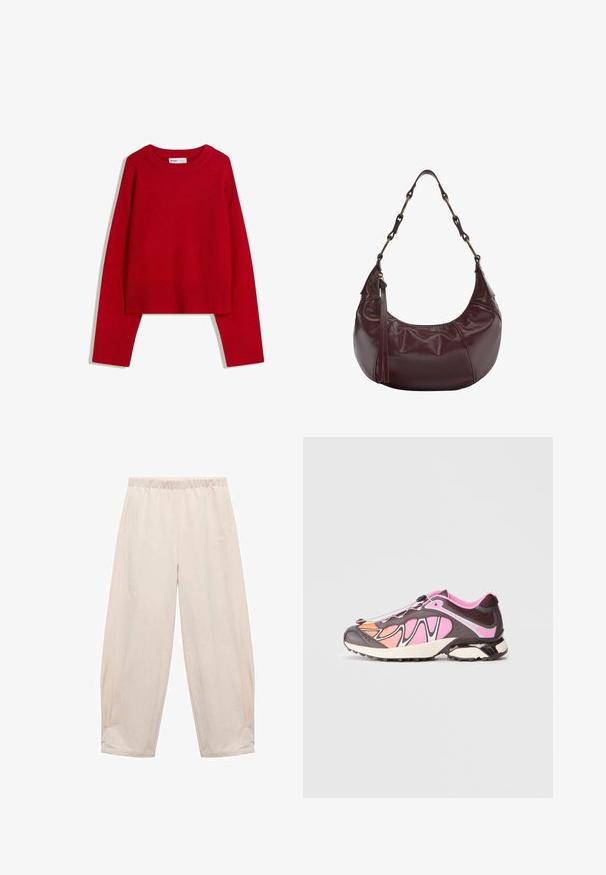 Czerwona sweter z okrągłym dekoltem, długimi rękawami oraz prążkowanymi mankietami i dolnym wykończeniem. Wykonany z miękkiego, teksturowanego materiału. Krótki krój.; Spodnie z elastycznym paskiem w jasnym beżu. Wykonane z miękkiego materiału, z bocznymi kieszeniami oraz luźnym, swobodnym krojem. Zwężane przy kostce.; Buty sportowe w odcieniach ciemnego brązu, różu i pomarańczy. Gładki materiał oraz fakturowane panele z czarnym systemem zapięcia.; Burgundowa skórzana torebka o zaokrąglonym kształcie, z łańcuchem i skórzanym paskiem, z plisowanymi detalami i suwakiem po boku.