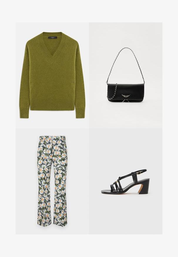 Zielony sweter w serek z miękkiego, teksturowanego materiału. Posiada ściągacze przy mankietach i u dołu, luźny krój oraz minimalistyczny design.; Spodnie flare w kwiecisty wzór, z białymi stokrotkami i pomarańczowymi środkami na ciemnym tle. Wykonane z lekkiego materiału.; Paul Smith AMIRA czarny; Czarna skórzana torebka z srebrnym łańcuszkiem, ozdobiona dekoracyjnymi skrzydłami i białym przeszyciem wzdłuż dolnego szwu.