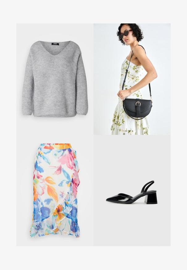 Grauer gestrickter Pullover mit V-Ausschnitt und langen Ärmeln. Hat eine gerippte Textur und eine lockere Passform, ideal für Schichten.; Blumensommerrock aus leichtem, transparentem Stoff. Ausgestattet mit lebhaften, mehrfarbigen Blumen, einem gerafften Saum und einem kontrastierenden orangefarbenen Bund.; Schwarze Lackleder-Slingback-High Heels mit spitzem Schuh und einem geometrischen Blockabsatz. Verfügt über ein schlankes, minimalistisches Design und eine glatte Textur.; Schwarze Lederhandtasche mit geschwungener Form, abnehmbarem Tragegurt und goldenen Beschlägen. Die Tasche verfügt über einen Deckel mit einer Schnallen-Details.
