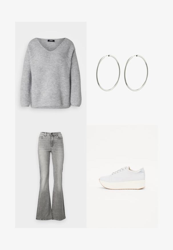 Harmaa neulepusero, jossa on V-pääntie ja pitkät hihat. Sisältää ribbikuvion ja rento leikkaus, joka on sopiva kerrospukeutumiseen.; Harmaat leveät farkut, valmistettu denimistä, joissa on korkea vyötärö, etutaskut ja haalistunut efekti. Vyötärönhelma on hieman leveämpi, luoden leveän muodon.; Vaaleanharmaa tennari, jossa on alustapohja. Omistaa sileän kankaisen päällisen, pyöreän kärjen ja hopeiset yksityiskohdat kantapäässä ja nauhakohdissa.; Hope hopea, jossa on sileä ja kiillotettu pinta. Pyöreä muoto, tasainen leveys, suunniteltu helppoa kiinnittämistä varten. Yksinkertainen ja elegantti.