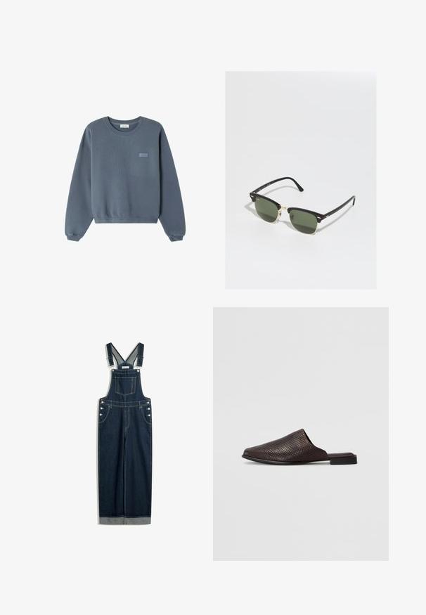 Modra bombažna majica s kapuco z okroglim izrezom, ribbed manšete in robom. Na sprednji strani se nahaja majhna oznaka "American Vintage" v svetlejši barvi.; Temne modre jeans kratke hlače z nastavljivimi naramnicami, sprednjim žepom, stranskimi gumbi in širokimi hlačnicami s zaključenim robom.; Črne natikače brez petke so narejene iz teksturiranega materiala s kačjim vzorcem, imajo nizko, ravno peto in obliko z odprtim prstom.; Črne in zlate sončne očala z zelenimi lečami, v obliki mačjih oči, z kovinskimi detajli in teksturiranim okvirjem.