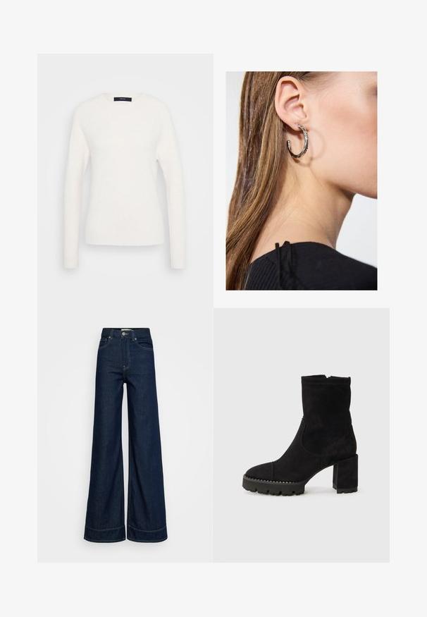 Pulover alb cu maneci lungi și guler rotund, cu mansete și tiv din material elastic, expus pe un fundal gri deschis simplu.; Jeans cu talie înaltă, albastre închise, cu picioare largi, cu buzunare frontală, bați pentru curea, închidere cu nasture și cusături vizibile, pe un fundal alb.; Bocanci negri până la gleznă, din suede, cu vârf pătrat, toc masiv și talpă din cauciuc texturat cu accente în zigzag. Finisat neted.; Cercel din argint cu un finisaj polișat, având detalii mici din aur și o formă rotundă, purtat pe lobul urechii.
