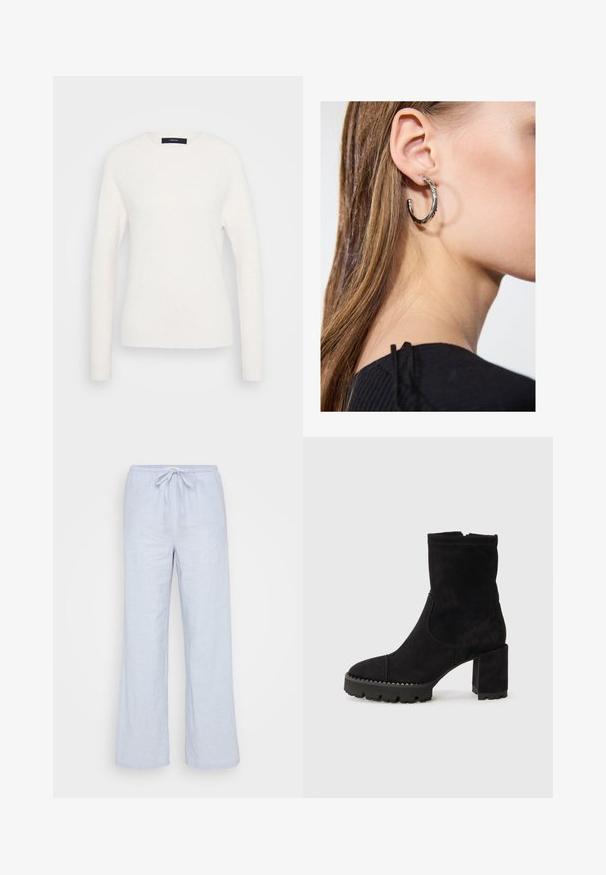 Dugi rukav bijeli pulover s okruglim izrezom, s rebrastim manžetama i rubom, prikazan na jednobojnoj svijetlosivoj pozadini.; Svijetloplave lanene hlače s opuštenim krojem, strukom na vezanje i širokim nogavicama. Glatka tekstura, idealne za ležerno nošenje.; Crne čizme do gležnja od svežnja s kvadratnim vrhom, masivnom petom i teksturiranom gumenom potplatom s uzorcima u obliku cik-cak. Glatka površina.; Srebrna kružna naušnica s poliranim završetkom, koja ima male zlatne detalje i okrugli oblik, nošena na uhu.