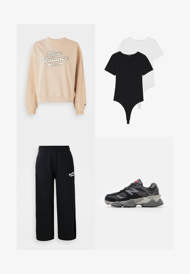 Beige sweatshirt med ribbad krage och ärmslut. Har en stor "New Balance Athletics"-logotyp i mörkgrå. Mjuk textur, avslappnad passform.; Svart och vit kortärmad bodysuit med rund halsringning och tanga-botten, tillverkad av ett mjukt, elastiskt tyg.; Svarta sweatpants i mjuk bomull, med elastisk midja och kortare passform. Liten vit broderad text på sidan.; Svarta och grå sneakers med en kombination av mocka och mesh-material, tjock sula, framträdande logotyp och röd accent på tungan.