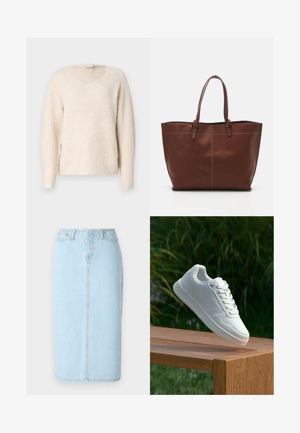 Ljusbeige tröja i mjukt, texturerat tyg. Har en V-ringning, långa ärmar och sidsprund för ökad rörelsefrihet. Enkel, minimalistisk design.; Ljusblå jeanspennkjol med hög midja, femfickdesign och subtila sömnadsdetaljer längs sömmarna.; Vita sneakers med en slät syntetisk ovandel, perforerat tåparti, platta snören och en strukturerad sula, placerade på en träyta.; Brun läder tote-väska med dubbla handtag, har kontrasterande sömmar och en rymlig design, lämplig för vardagligt bruk.
