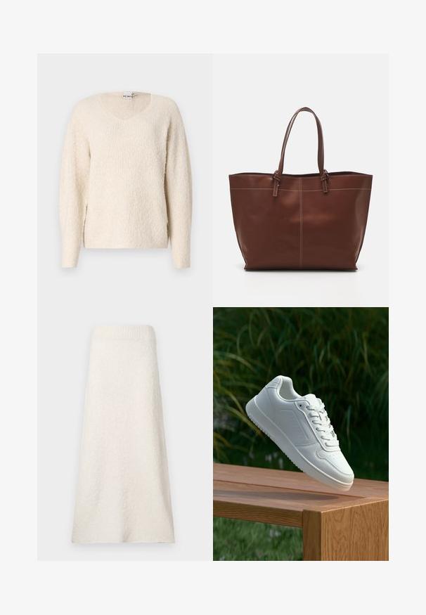 Helles beiges Sweater aus weichem, strukturiertem Stoff. Mit V-Ausschnitt, langen Ärmeln und seitlichen Schlitzen für mehr Bewegungsfreiheit. Einfaches, minimalistisches Design.; Knielanger, cremefarbener Handtuchrock aus strukturiertem Stoff, mit einem gerippten Bund und einem lockeren, fließenden Design.; Weiße Sneaker mit einem glatten, synthetischen Obermaterial, perforierter Zehenbox, flachen Schnürsenkeln und einer strukturierten Sohle, präsentiert auf einer Holzoberfläche.; Braune Leder-Umhängetasche mit doppelten Griffen, verfügt über eine kontrastierende Naht und ein geräumiges Design, das sich für den täglichen Gebrauch eignet.