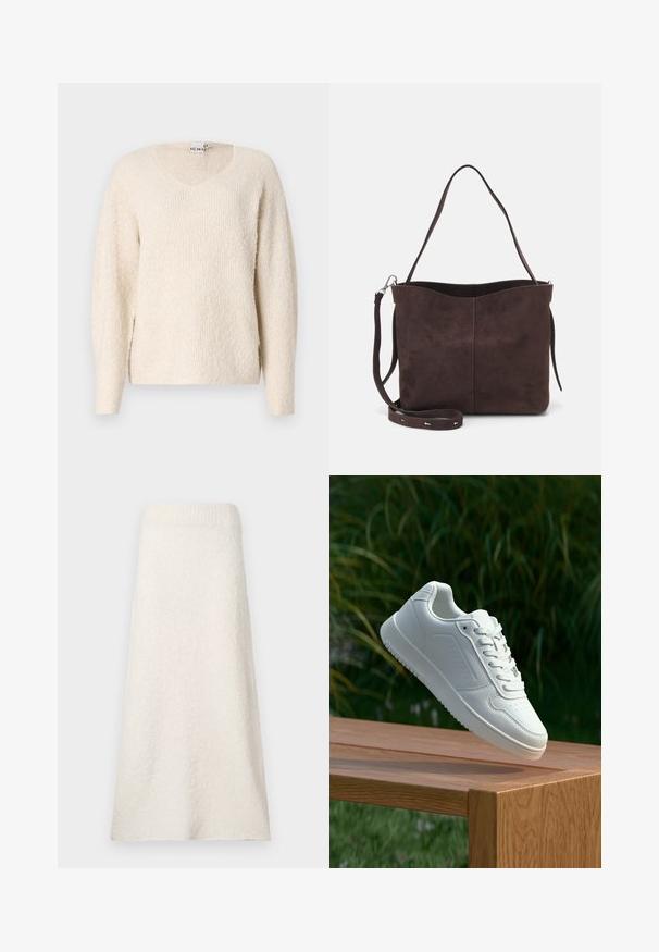 Šviesiai smėlinis megztinis iš švelnaus, tekstūrinio audinio. Su V formos iškirpte, ilgomis rankovėmis ir šoninėmis plyšėmis patogumui. Paprastas, minimalistinis dizainas.; Keliu ilgio kreminės spalvos rankšluosčių sijonas, pagamintas iš tekstūruotos medžiagos, su ryškiai matoma juosmens juosta ir laisvu, plaukiojančiu dizainu.; Balti sneakeriai su lygia sintetine viršutine dalimi, perforuota pirštų zona, plokščiomis raištelėmis ir tekstūruotu padu, padėti ant medinės paviršiaus.; Ruda suede audinė su minkšta tekstūra, turinti vieną petį ir subtilų kreivinį viršutinį atidarymą. Matomų metalinių detalių nėra.