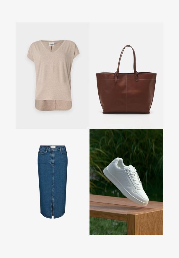 Suéter color beige claro en una tela suave y texturizada. Presenta un escote en V, mangas largas y aberturas laterales para mayor comodidad. Diseño simple y minimalista.; Camiseta de cuello en V de manga corta en color beige, con corte recto y dobladillo asimétrico. Fabricada con un material suave y ligero con un sutil patrón jaspeado.; Falda lápiz de mezclilla en azul oscuro, con una abertura frontal, cinco bolsillos y costuras en contraste. Cintura de altura media con un diseño clásico.; Zapatilla blanca con un upper sintético suave, caja de dedos perforada, cordones planos y una suela texturizada, exhibida sobre una superficie de madera.; Bolso tote de cuero marrón con asas dobles, cuenta con costuras en contraste y un diseño espacioso, adecuado para el uso diario.