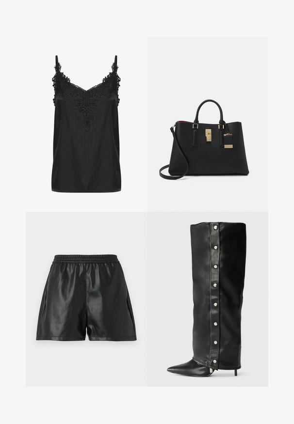 Baltas raštuotas megztinis su aukštu kaklu, turintis juodas horizontalias juosteles ir pusę užtrauktuko ant apykaklės. Baigtas laisvu pasiuvimu.; Juoda moteriška liemenėlė su v-kaklu ir sudėtingais nėriniais prie iškirptės. Turi spageti petnešas ir glotnų, lengvą audinį.; Juodi dirbtinio odos šortai su elastinga juosta, pasižymintys sklandžiu paviršiumi ir laisvu kirpimu. Nėra matomų raštų ar akcentų.; Juodos odinės aukštakulnės bootai su prigludusia forma, smailiu smaigaliu ir sidabrinėmis užsegimais šone.; Juodas sintetinis handbagas su tekstūruotu paviršiumi, auksinėmis detalėmis, užraktu ir nuimamu peties dirželiu. Vidinis pamušalas raudonas.