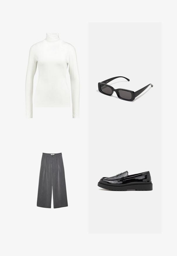 Biely rebrovaný sveter s vysokým golierom, s čiernymi vodorovnými pruhmi a polovičným zipsom pri golieri. Dokončený vo voľnom strihu.; Kaffe YOKO ROLLNECK LS - Top s dlhým rukávom - chalk; Záhybové nohavice s širokými nohavicami v tmavosivej látke s jemnou štruktúrou. Obsahujú zapínanie na gombík a klasický dizajn pásu.; Čierne patentové kožené mokasíny s okrúhlou špičkou, ozdobným pásikom a hrubou čiernou gumovou podrážkou. Hladký lesklý povrch s minimálnym prešitím.; Čierne obdĺžnikové slnečné okuliare s tmavými šošovkami, lesklým povrchom, širokými ramenami a robustným rámovým dizajnom. Vygravírované meno značky na jednom ramene.