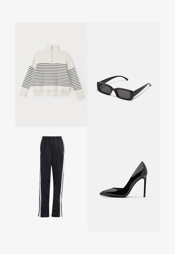 Hvit ribbestrikket genser med høyt nakke, dekorert med svarte horisontale striper og en halv glidelås ved kragen. Avsluttet med en ledig passform.; Svarte joggebukser med hvite side-striper, elastisk midje og et logo-merke. Laget av glatt, lett stoff. Rett ben design.; Call it Spring MESMERIZE - Klassiske pumps - other black; Svarte rektangulære solbriller med mørke linser, glanset overflate, brede stenger og en kraftig rammedesign. Graveret merkenavn på en stang.