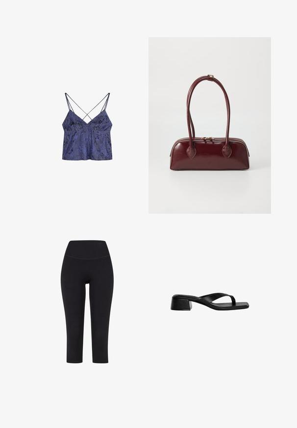 Mjuk grå stickad tyg med ribbad textur, som har lager med en slät sektion och en med ett diagonalt mönster.; Lila blommönstrad satin cami med tunna, korslagda axelband och en lätt A-formad silhuett, som har en mjuk, texturerad yta.; Svarta trekvarts leggings i stretchigt material, med hög midja och utan synliga mönster eller beslag.; Svarta läderklackar med en tongsandalsdesign, fyrkantig tå och låg klack. Slät textur med minimalistisk stil.; Bordeaux läderhandväska med en böjd form, dubbla handtag, dragkedjestängning och subtila sömdetaljer. Slät, högblänkande yta.