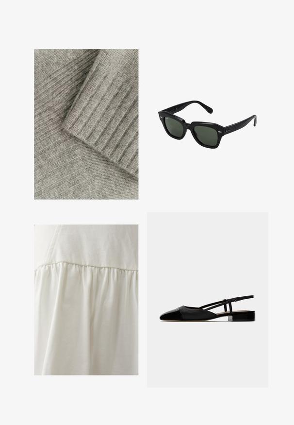 Minkštas pilkas megztas audinys su įribuotu tekstūru, turintis sluoksniuotas dalis, viena lygi ir viena su įstrižinėmis linijomis.; THE FATED PARLOUR - Mini sijonas - ivory; Juodos odinės balerinos su smailiu kulnu, uždaru vampu ir reguliuojamu kulkšnies dirželiu. Yra žemas kvadratinis kulnas. Lygi tekstūra.; Juodi kvadratiniai saulės akiniai su tamsiai žaliais lęšiais, pasižymintys ryškiu rėmeliu ir sidabrinėmis detalėmis šonuose. Pagaminta Italijoje.; Juodas odinis rankinukas su auksiniu furnitūru, struktūrizuota forma, viršutine rankena, nuimama petneša ir priekine sklende, užsukamu užsegimu.