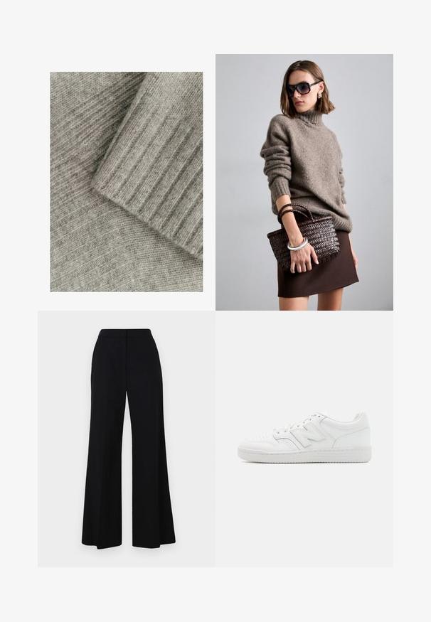 Mäkká šedá pletenina s rebrovanou textúrou, ktorá obsahuje vrstvené sekcie, z ktorých jedna je hladká a druhá má diagonálny vzor.; Čierne široké nohavice s vysokým pásom, hladkým materiálom a elegantnými líniami. Bez viditeľného hardvéru alebo vzorov.; Biele tenisky vyrobené z hladkej kože, s perforovaným špičkou, textúrovanou gumovou podrážkou, plochými šnurkami a výrazným logom 'N' na boku.; DRAGON DIFFUSION MINI FLAT GORA - Kabelka - dark brown