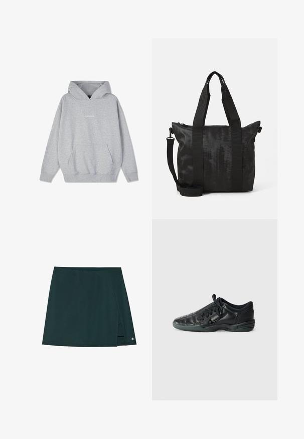 Hallhalli hall, mis on valmistatud puuvillasegistusest, esikülgedel on tasku ning varrukatel soonikkoes äärised. Rinnal on sõna "PEGADORE" valget värvi.; Tumedast rohelisest lühikesest seelikust, millel on lipsukujundus, külgmine lõhe ja peen logo aktsent hemmi lähedal. Valmistatud siledast kangast.; Must musta spordijalats, millel on kohandatud õmblustega disain, ümar varvas, kinnitusköidik ja kummitald. Küljel on peen brändimine.; Must mustkott mustekangaga, kahe ülemise sangaga ja eemaldatava õlarihmaga. Omab lukuga sulgemist, et tagada turvaline hoiustamine.