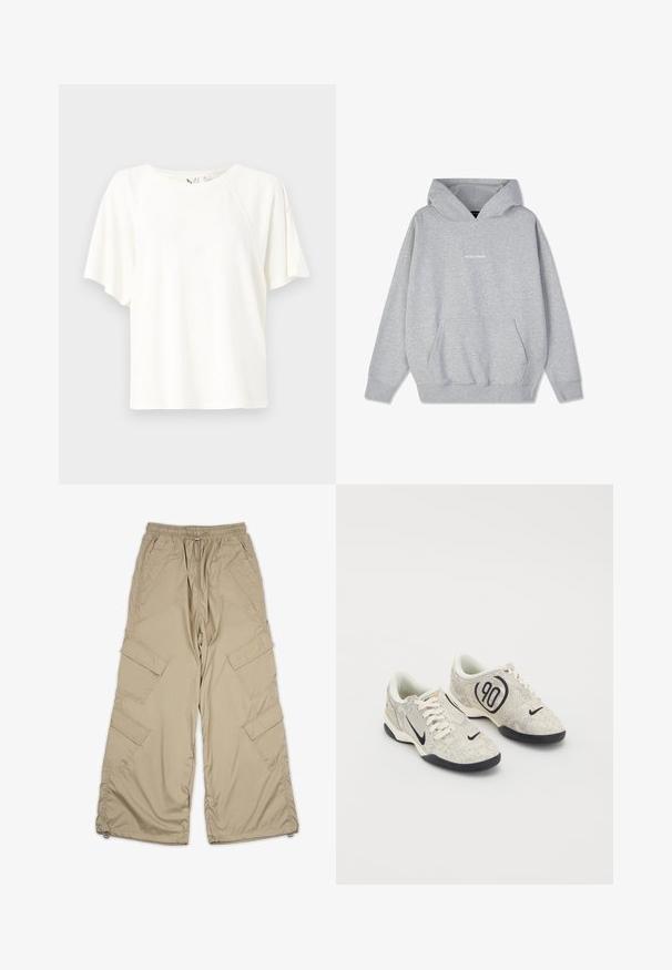 Sweatshirt à capuche gris en mélange de coton, doté d'une poche avant et de poignets côtelés. Le mot "PEGADORE" est affiché sur la poitrine en blanc.; T-shirt blanc à manches courtes en tissu doux, avec une coupe décontractée, un col rond et un détail logo subtil sur la poitrine.; Pantalons cargo beige avec taille à cordon, plusieurs poches latérales et coupe décontractée. Fabriqués en tissu léger et lisse avec des détails de couture.; Baskets Nike avec une tige texturée beige et grise, des accents noirs, un grand logo "90" et un laçage blanc. Semelle noire.