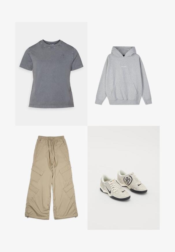 Gray hooded sweatshirt made of cotton blend, featuring a front pocket and ribbed cuffs. The word "PEGADORE" displayed on the chest in white.; Gray cotton t-shirt with a crew neckline, short sleeves, and a small embroidered logo on the chest. Soft texture and casual design.; Beige cargo pants with a drawstring waist, multiple side pockets, and a relaxed fit. Made of lightweight, smooth fabric with stitching details.; Nike sneakers with a beige and gray textured upper, black accents, a large "90" logo, and a white lace-up closure. Black sole.