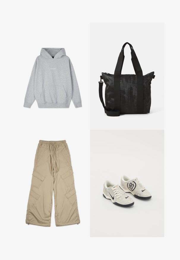 Hallhalli hall, mis on valmistatud puuvillasegistusest, esikülgedel on tasku ning varrukatel soonikkoes äärised. Rinnal on sõna "PEGADORE" valget värvi.; Beežid cargo püksid, millel on kummiga vöökoht, mitmed küljetaskud ja mugav lõige. Valmistatud kerge ja sileda materjali koos õmblemise detailidega.; Nike spordijalatsid beeži ja halli tekstuuriga ülemise osa, mustade aktsentidega, suure "90" logoga ja valge sidumisega. Must tald.; Must mustkott mustekangaga, kahe ülemise sangaga ja eemaldatava õlarihmaga. Omab lukuga sulgemist, et tagada turvaline hoiustamine.