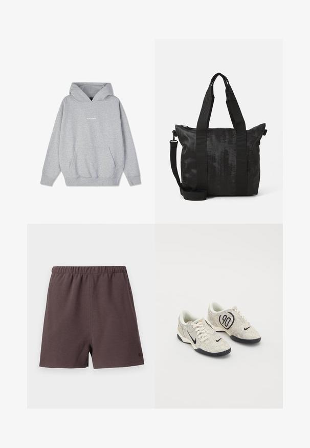 Hallhalli hall, mis on valmistatud puuvillasegistusest, esikülgedel on tasku ning varrukatel soonikkoes äärised. Rinnal on sõna "PEGADORE" valget värvi.; Tumedat pruunid lühikesed püksid, mis on valmistatud tekstureeritud, kootud kangast. Omavad elastset vöökohta ja väikest logot paremal allservas.; Nike spordijalatsid beeži ja halli tekstuuriga ülemise osa, mustade aktsentidega, suure "90" logoga ja valge sidumisega. Must tald.; Must mustkott mustekangaga, kahe ülemise sangaga ja eemaldatava õlarihmaga. Omab lukuga sulgemist, et tagada turvaline hoiustamine.