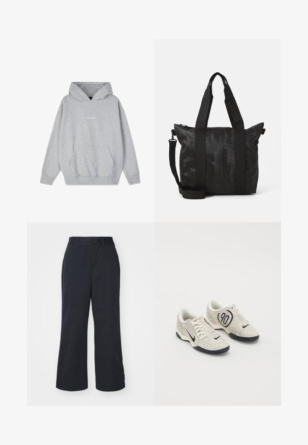 Sweatshirt cinza com capuz, feito de uma mistura de algodão, apresentando um bolso frontal e punhos canelados. A palavra "PEGADORE" exibida no peito em branco.; Calças largas pretas com uma textura de tecido suave, apresentando uma cintura padrão e bolsos laterais. Design minimalista, sem padrões visíveis.; Tênis Nike com um upper texturizado em bege e cinza, detalhes em preto, um grande logótipo "90" e um fecho de atacadores branco. Sola preta.; Bolsa tote preta com tecido texturizado, alças duplas na parte superior e uma alça de ombro destacável. Possui fecho com zipper para armazenamento seguro.