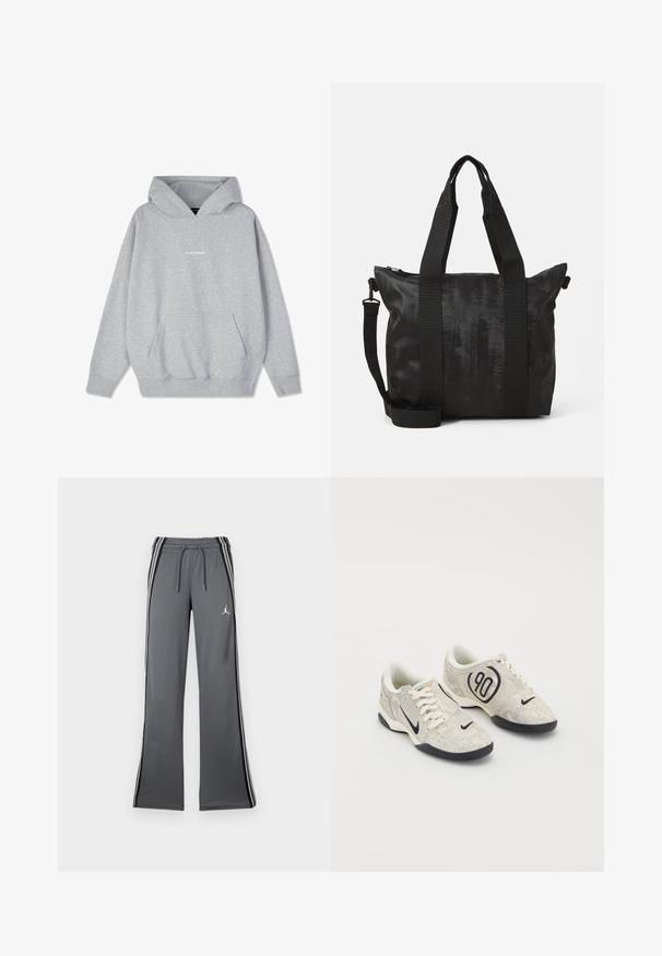 Γκρι φούτερ με κουκούλα, κατασκευασμένο από μείγμα βαμβακιού, με μπροστινή τσέπη και ριμπ μανσέτες. Η λέξη "PEGADORE" εμφανίζεται στο στήθος σε λευκό χρώμα.; Γκρι φόρμες με εσωτερικό κορδόνι στη μέση, πλάγιες ρίγες και μικρό λογότυπο. Κατασκευασμένες από μαλακό υλικό, διαθέτουν φαρδιά γραμμή και λεία υφή.; Nike αθλητικά παπούτσια με μπεζ και γκρί υφή, μαύρες λεπτομέρειες, μεγάλο λογότυπο "90" και λευκό κορδόνι. Μαύρη σόλα.; Μαύρη τσάντα tote με υφασμάτινη υφή, διπλές πάνω λαβές και αποσπώμενος ιμάντας. Διαθέτει κλείσιμο με φερμουάρ για ασφαλή αποθήκευση.