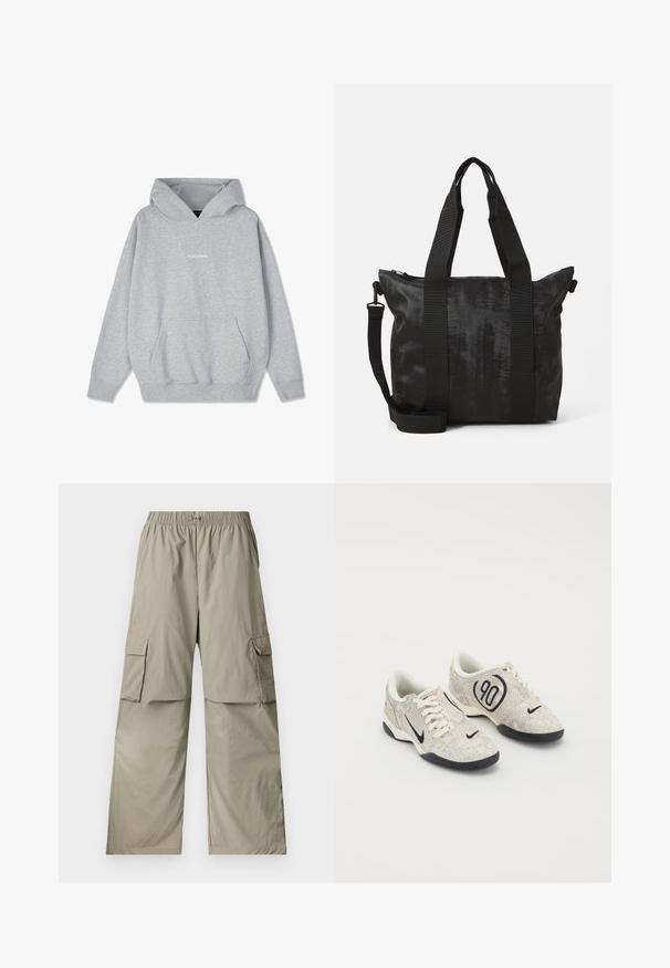 Harmaa huppari, joka on valmistettu puuvillasekoitteesta, ja siinä on etutasku sekä ribbireunukset. Rinnassa on valkoisella tekstillä sana "PEGADORE".; Beige cargo-housut, jotka on valmistettu kevyestä kankaasta ja joissa on joustava vyötärö, löysä istuvuus sekä kaksi suurta etutaskua.; Nike lenkkarit, joissa on beigen ja harmaan sävyinen teksturoitu päällinen, mustia yksityiskohtia, suuri "90" logo ja valkoinen nauhakiinnitys. Musta pohja.; Mustat olkalaukku, jossa on teksturoitu kangas, kaksinkertaiset yläkahvat ja irrotettava olkahihna. Varustettu vetoketjulla turvalliseen säilytykseen.