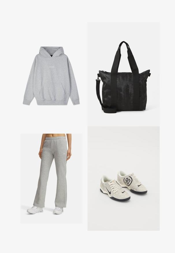 Grijze capuchontrui van een katoenmix, met een voorzak en geribbelde manchetten. Het woord "PEGADORE" staat in het wit op de borst.; Grijze sweatpants van zachte stof, met een losse pasvorm, elastische tailleband en witte zijkanten. Gecombineerd met witte sportieve schoenen.; Nike sneakers met een beige en grijze textuur bovenkant, zwarte accenten, een groot "90" logo en een witte vetersluiting. Zwarte zool.; Zwarte tote bag van textuurstof, met dubbele handgrepen aan de bovenkant en een afneembare schouderband. Voorzien van een ritssluiting voor veilige opslag.