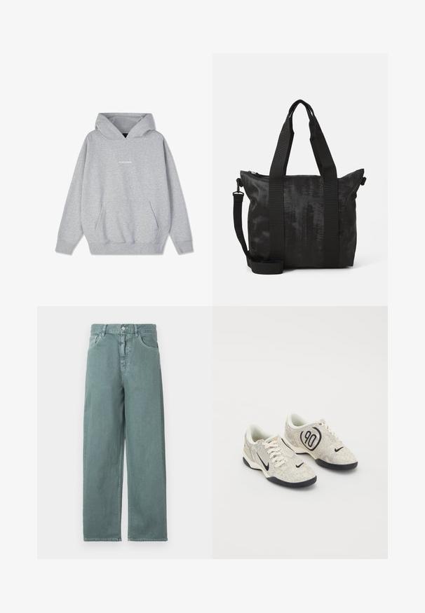 Sivi dukserica s kapuljačom izrađena od mješavine pamuka, sa prednjim džepom i rebrastim manžetama. Riječ "PEGADORE" prikazana na prsima u bijeloj boji.; Svijetlozelene traperice širokih nogavica s gumbom, četiri džepa i suptilnim detaljima šivanja, izrađene od glatkog pamučnog materijala.; Nike tenisice s bež i sivim teksturiranim gornjim dijelom, crnim naglascima, velikim logom "90" i bijelim vezanjem. Crna potplat.; Crna torba s teksturiranim materijalom, dvostrukim ručkama i odvojivim remenom za rame. Ima zatvaranje na patentni zatvarač za sigurnu pohranu.