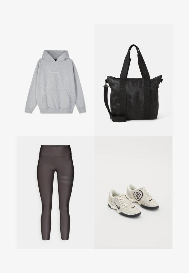 Pilkas gobtuvas megztinis, pagamintas iš medvilnės mišinio, su priekiu kišene ir rebriniais rankovių kraštais. Ant krūtinės balta spalva parašyta žodis "PEGADORE".; Aukšti juosmens, tamsiai pilki leginsai su glotnia tekstūra; turi dvi horizontalias juosteles kairiajame šlaunyje iš kontrastingos medžiagos.; Nike kedai su bėgiu su smėline ir pilka tekstūruota viršutine dalimi, juodais akcentais, dideliu "90" logotipu ir balta raištelių užsegimu. Juodas padas.; Juodas pirkinių krepšys su tekstūruotu audiniu, dviem viršutinėmis rankenomis ir nuimamu petiniu diržu. Yra užtrauktuku uždaroma kišenė saugiam daiktų laikymui.